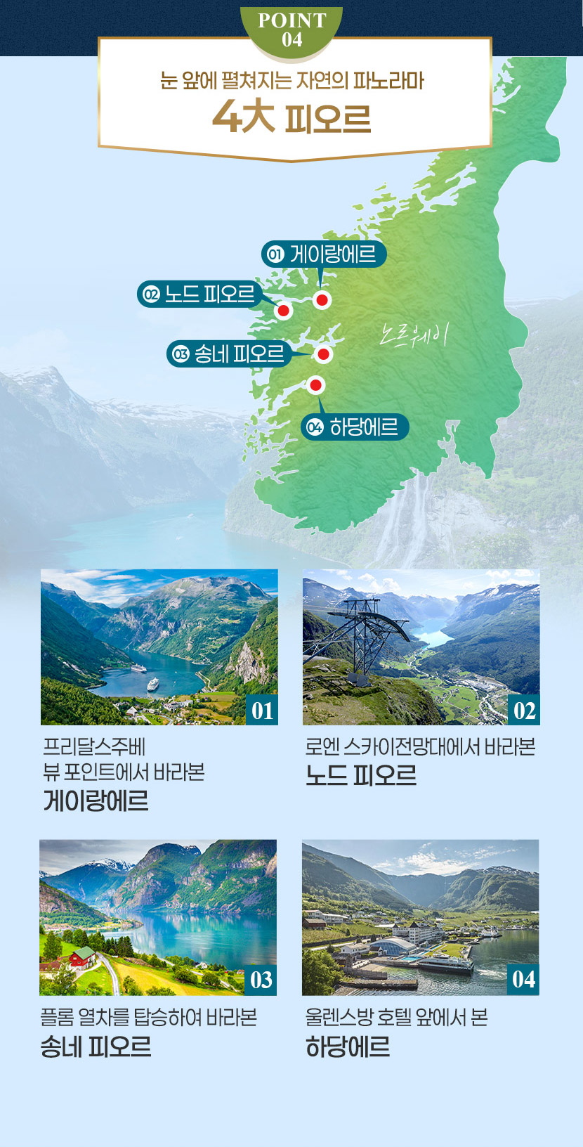 POINT 04 - 눈 앞에 펼쳐지는 자연의 파노라마 4大 피오르 게이랑에르 노드 피오르 송네 피오르 하당에르